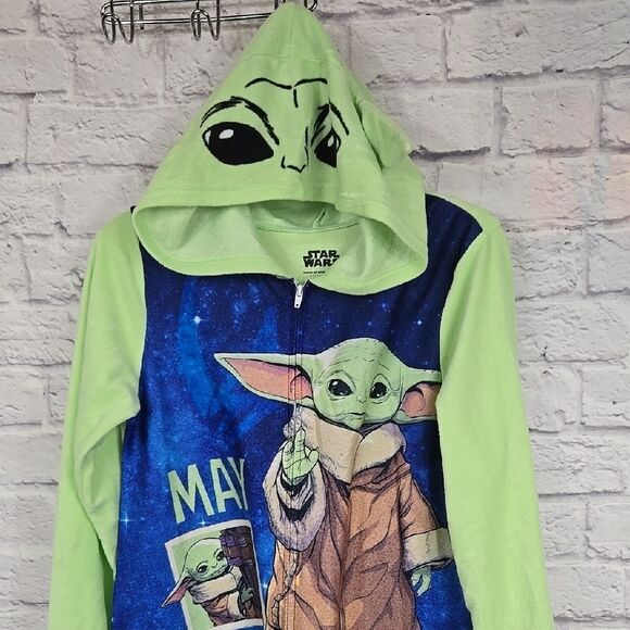 Star Wars Baby Yoda Kids 14/16 Microfleece One Piece Union Suit Pajamas Winter - Picture 2 of 11